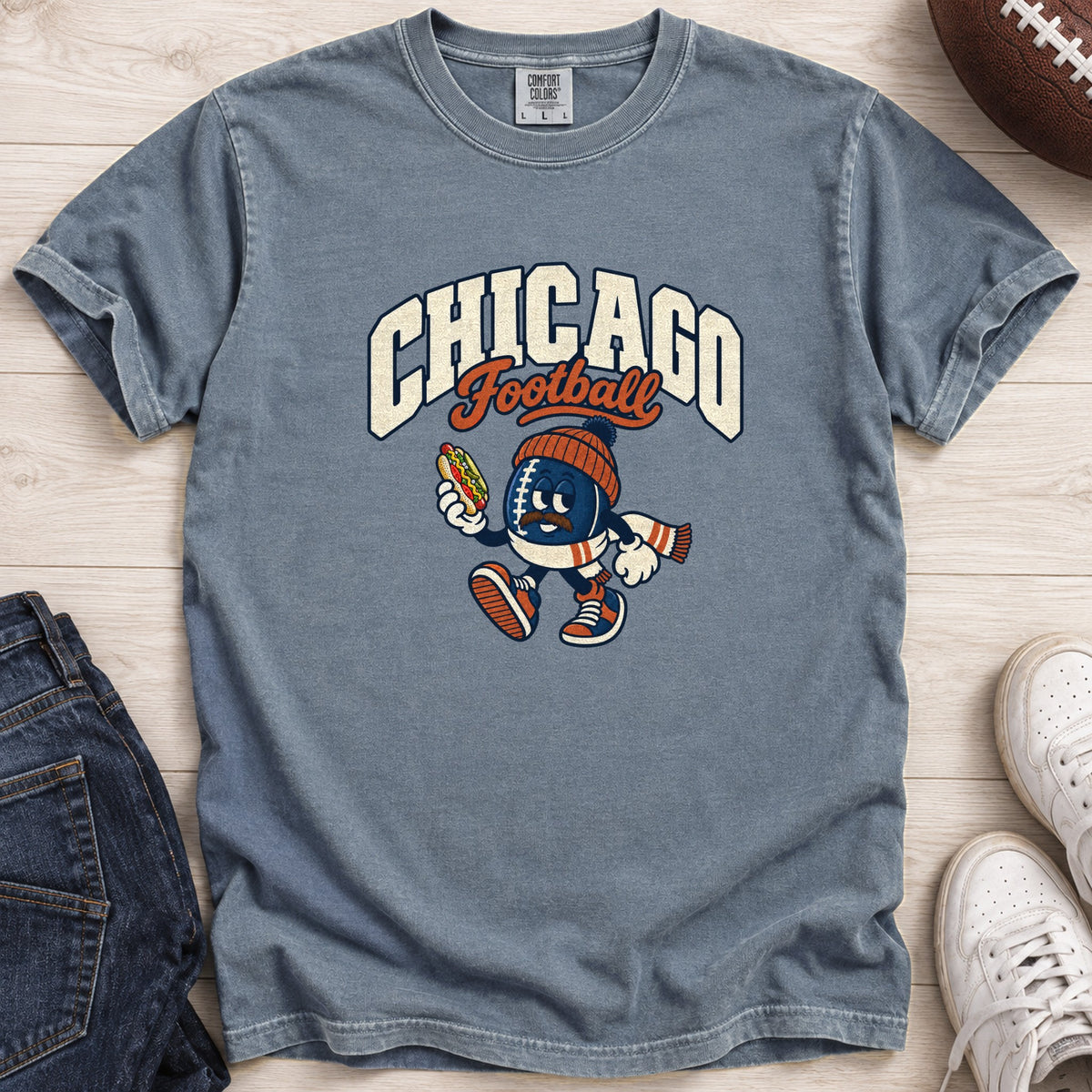 Chicago Football Retro Mascot T-Shirt in Comfort Colors Blue Jean