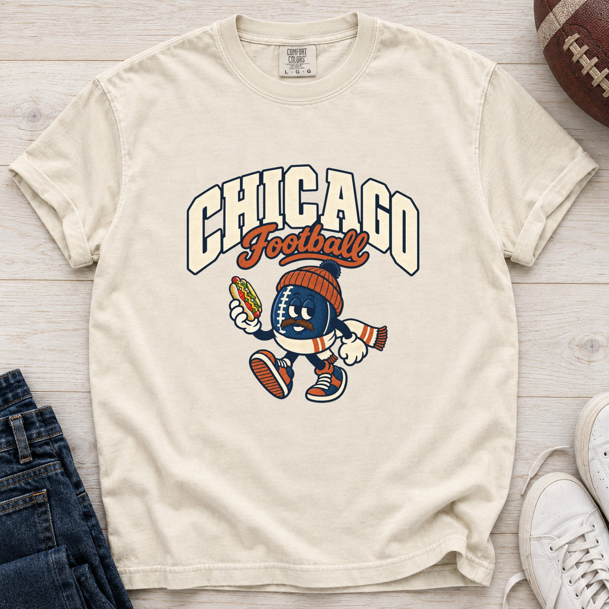 Chicago Football Retro Mascot T-Shirt in Comfort Colors Ivory
