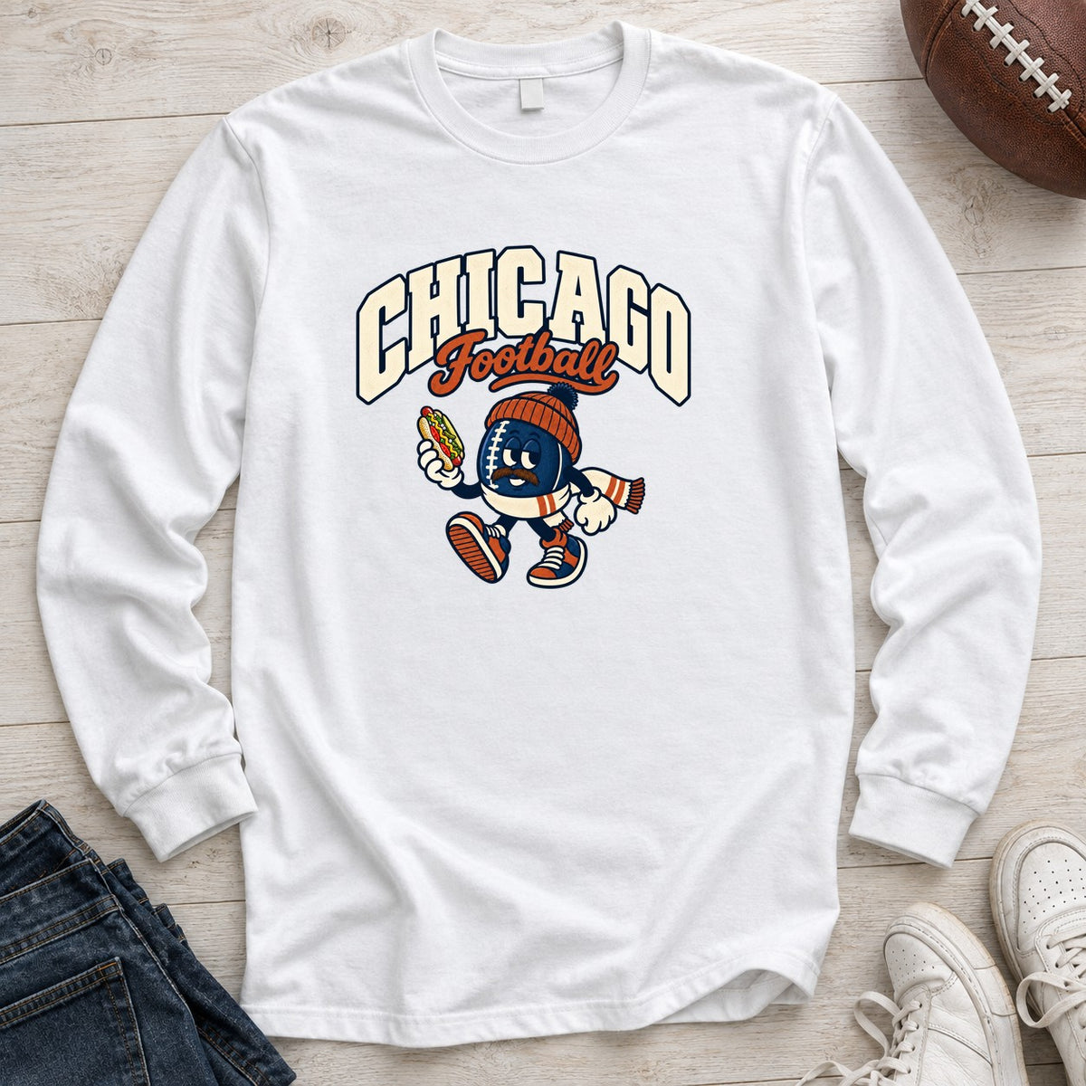 Chicago Football Retro Mascot Long Sleeve in White
