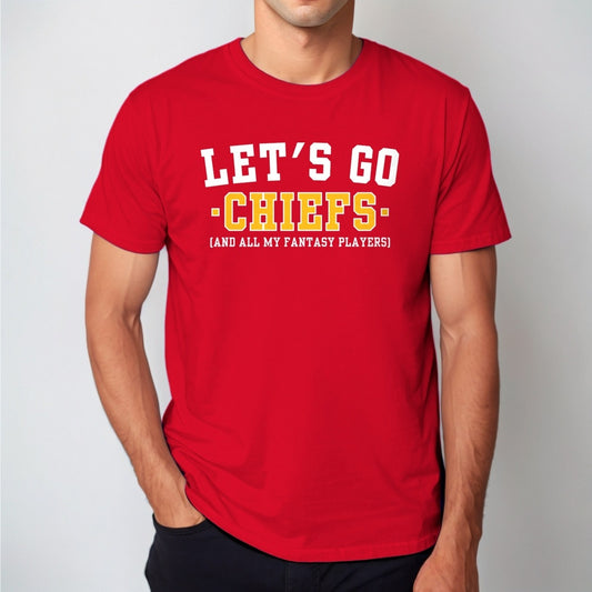 Man wearing the red Let's Go Chiefs fantasy football t-shirt with collegiate block lettering