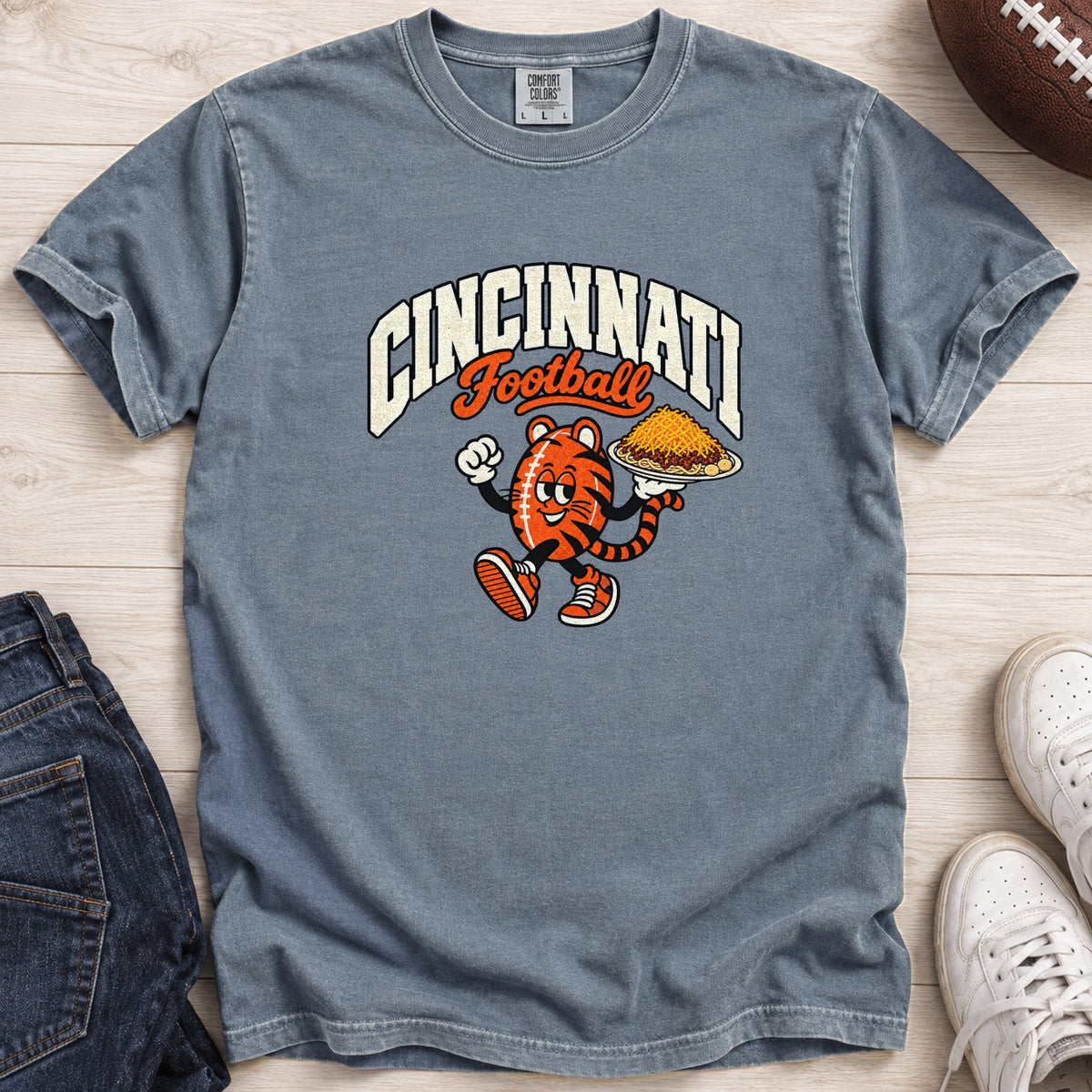 Cincinnati Football Retro Mascot T-Shirt in Comfort Colors Blue Jean
