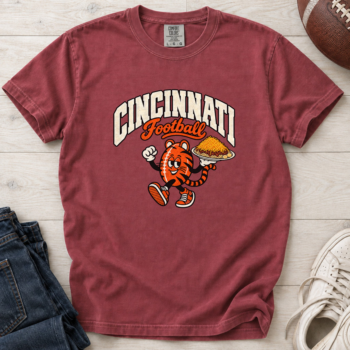 Cincinnati Football Retro Mascot T-Shirt in Comfort Colors Chili