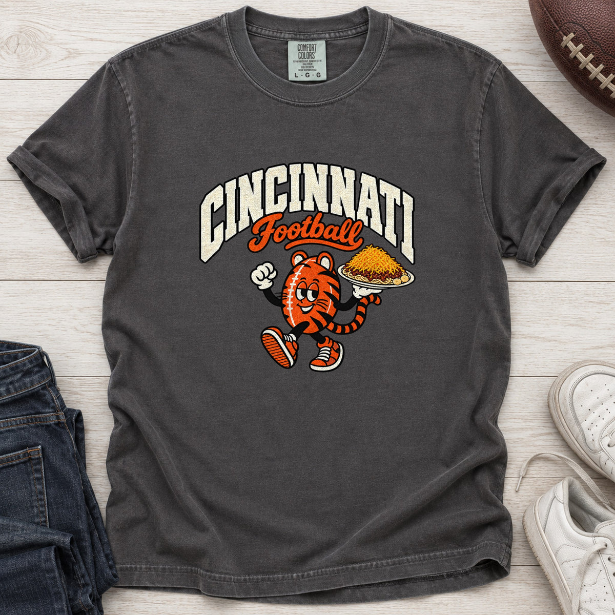 Cincinnati Football Retro Mascot T-Shirt in Comfort Colors Graphite
