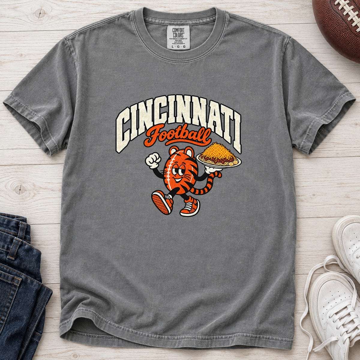 Cincinnati Football Retro Mascot T-Shirt in Comfort Colors Grey