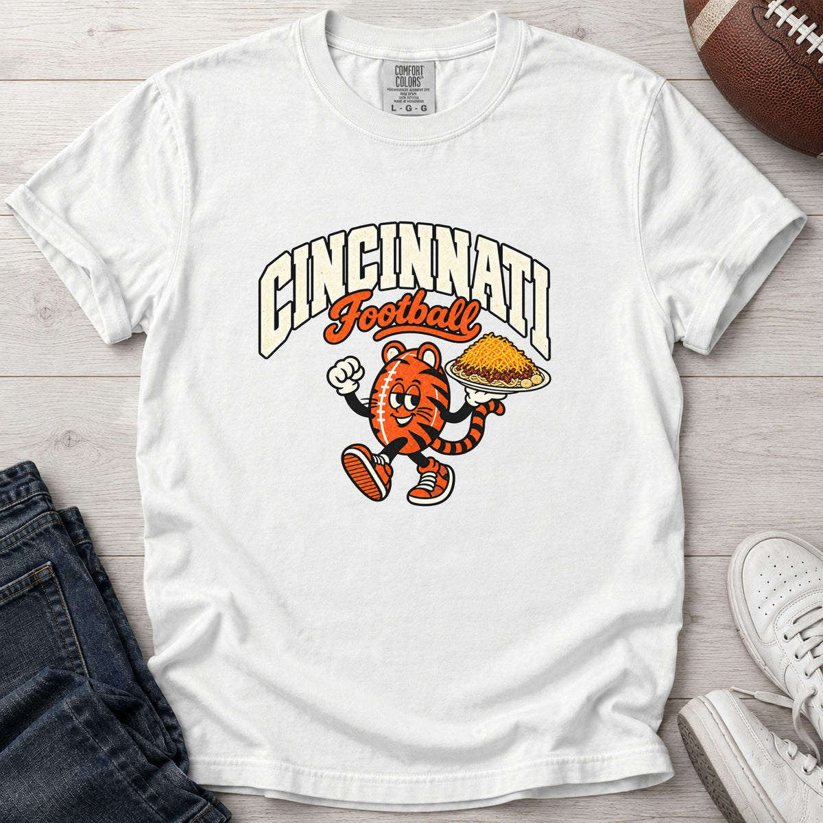 Cincinnati Football Retro Mascot T-Shirt in Comfort Colors White