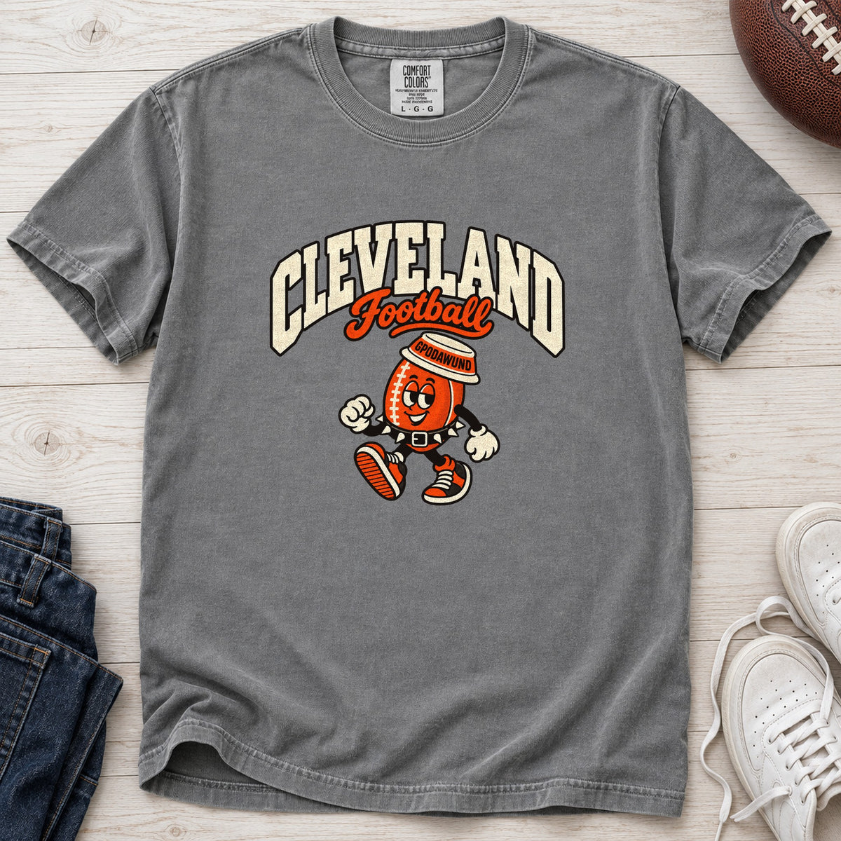 Cleveland Football Retro Mascot T-Shirt in Comfort Colors Grey