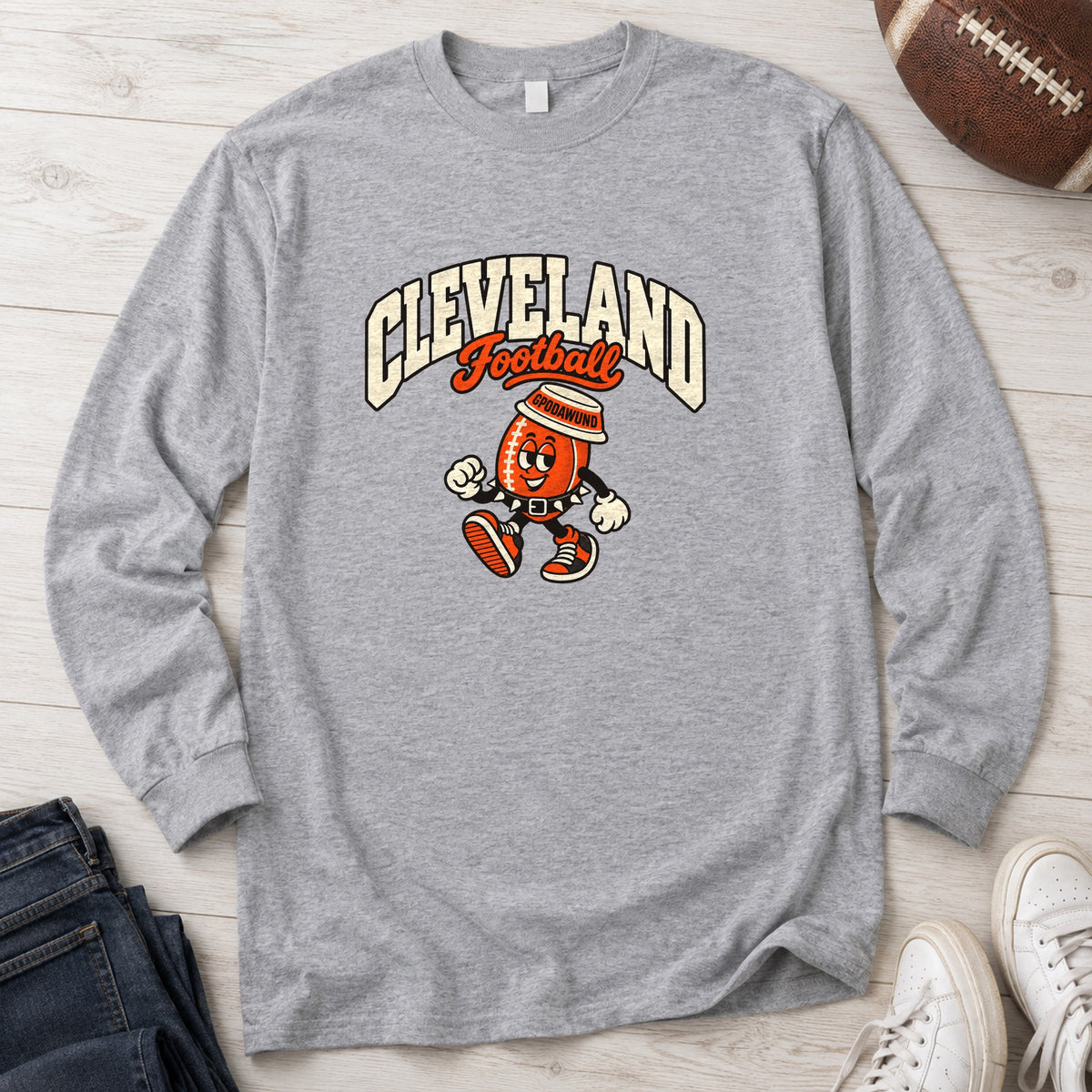 Cleveland Football Retro Mascot Long Sleeve in Sport Grey