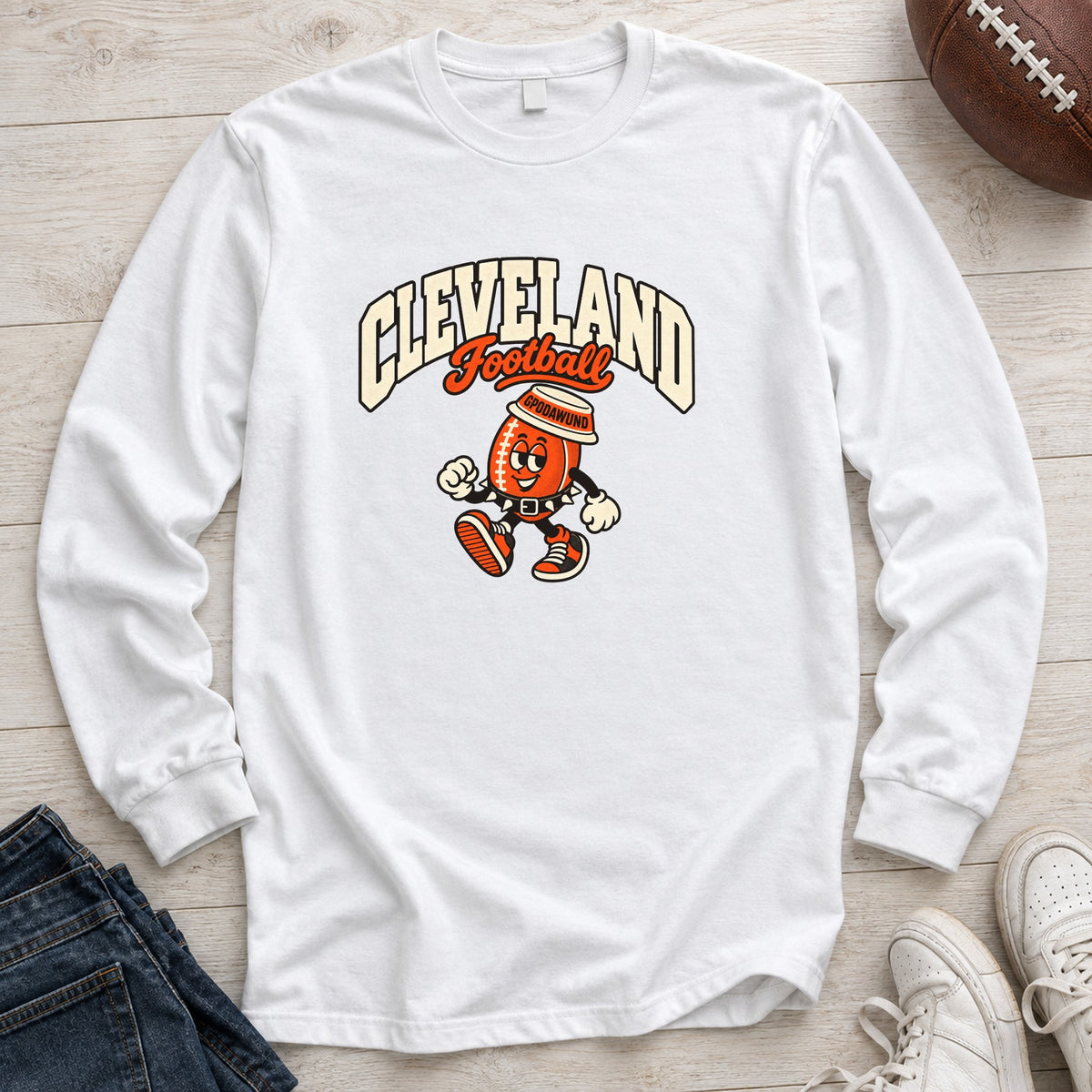 Cleveland Football Retro Mascot Long Sleeve in White