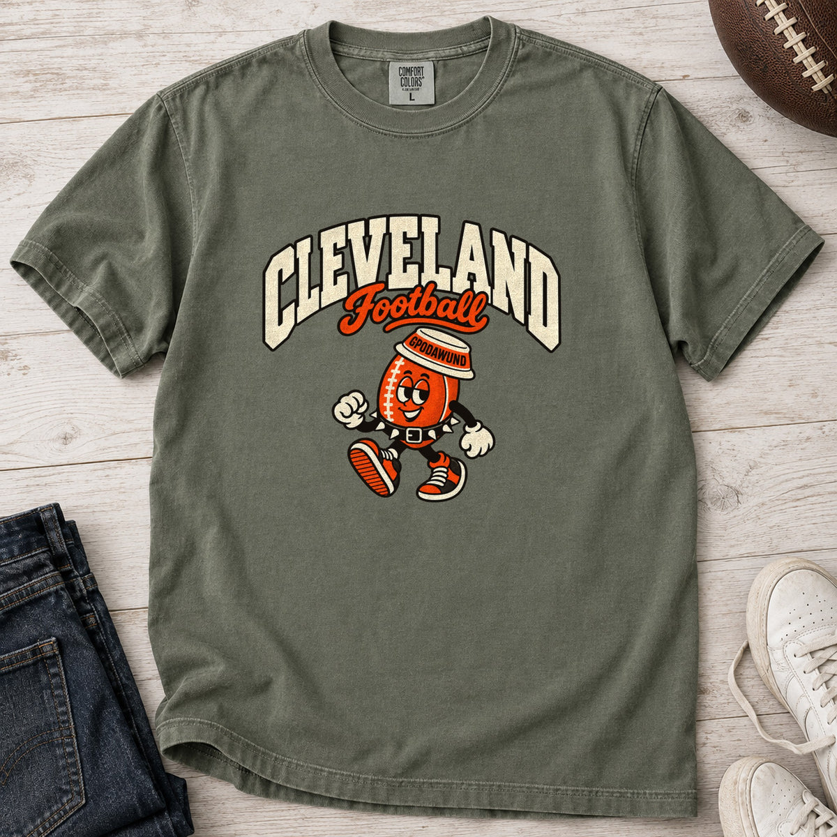 Cleveland Football Retro Mascot T-Shirt in Comfort Colors Moss