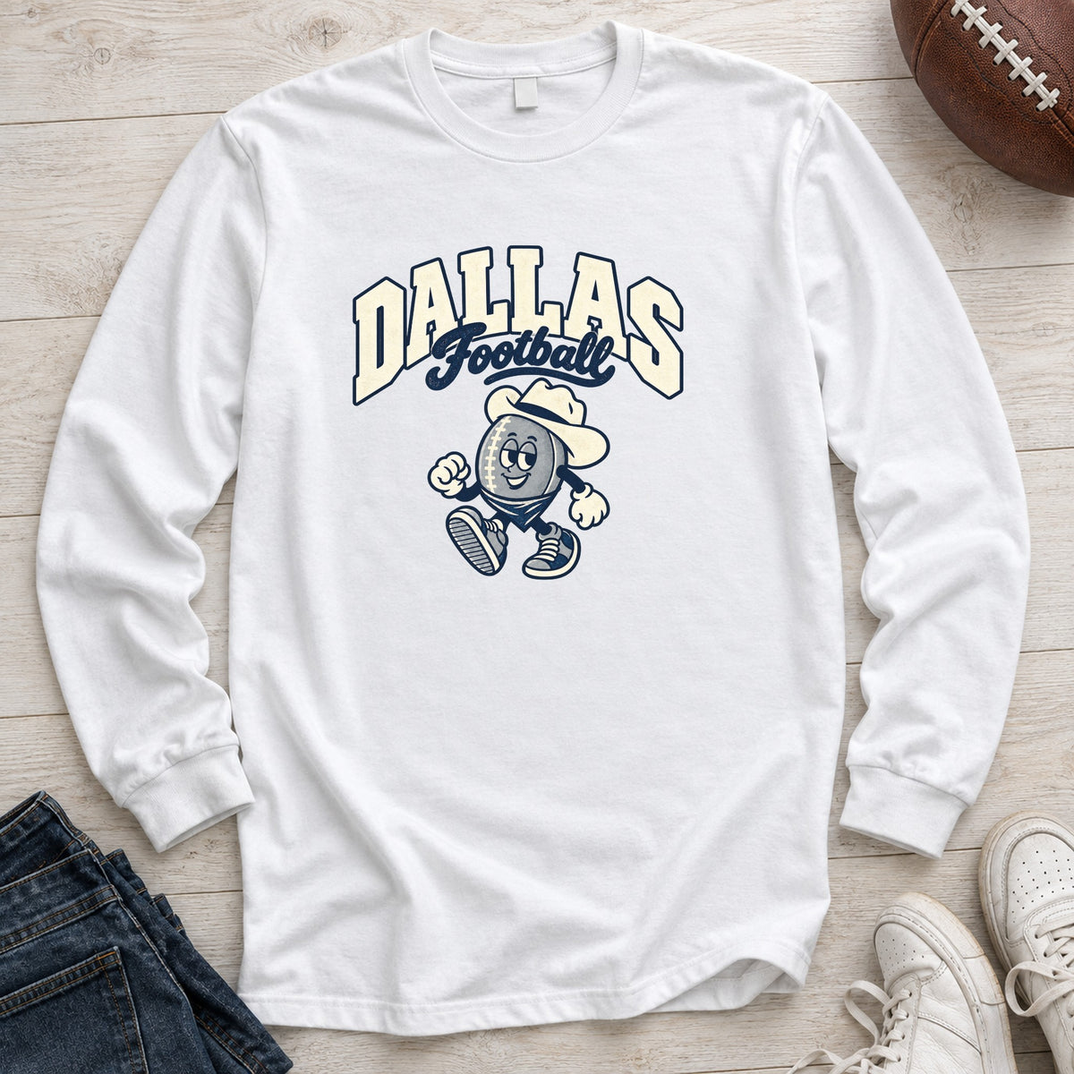 Dallas Football Retro Mascot Long Sleeve in White