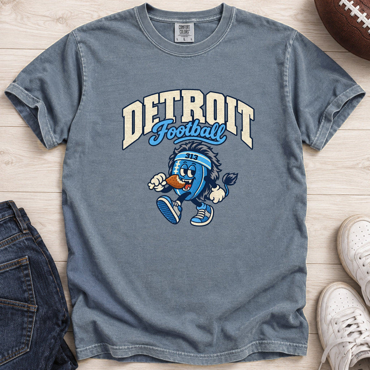 Detroit Football Retro Mascot T-Shirt in Comfort Colors Blue Jean
