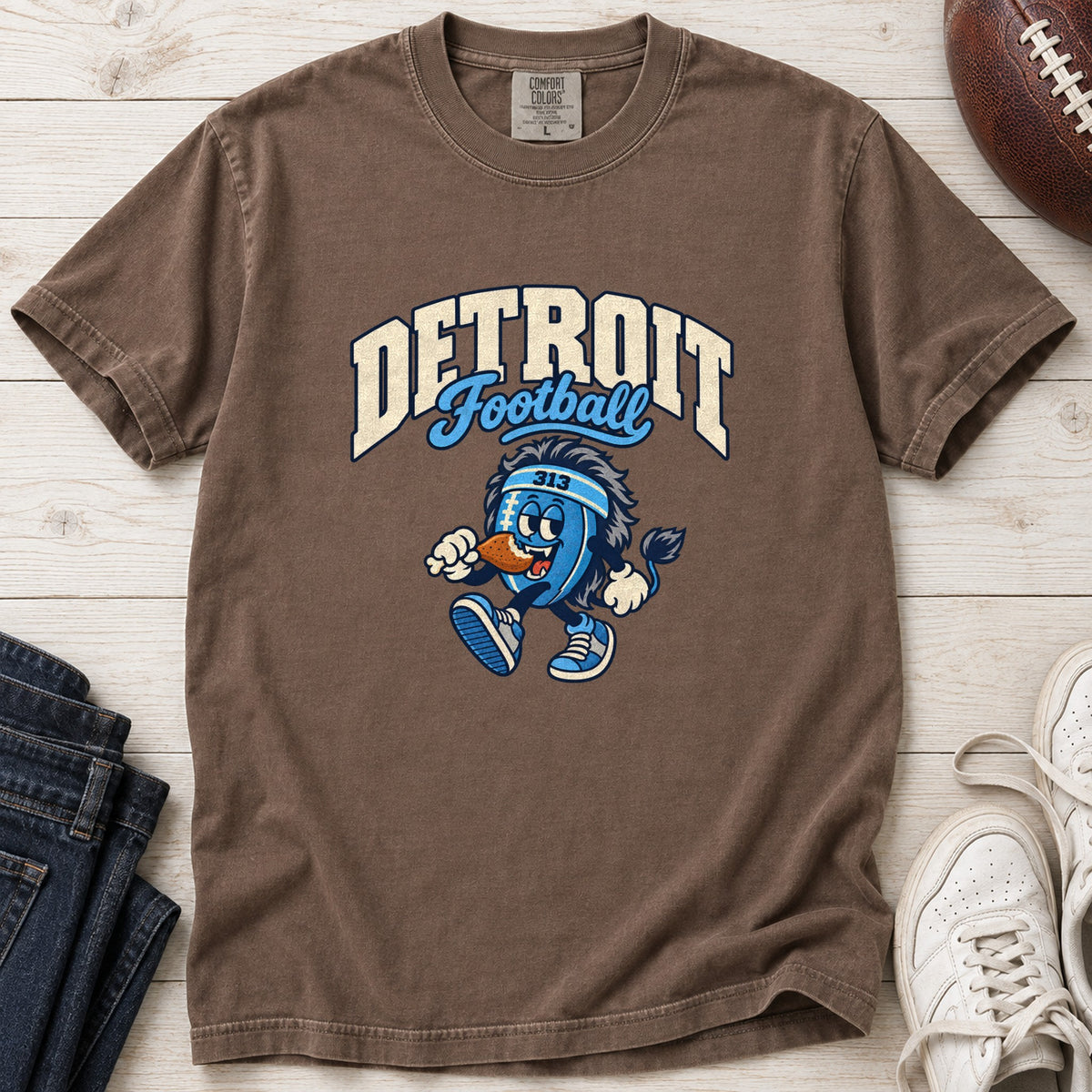 Detroit Football Retro Mascot T-Shirt in Comfort Colors Espresso