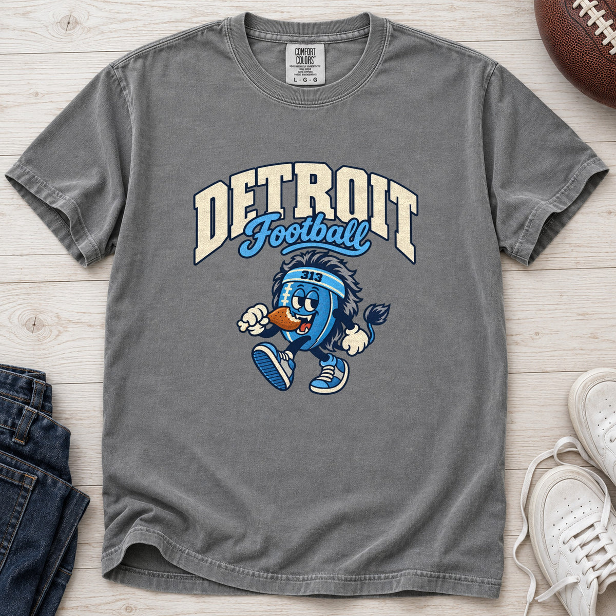 Detroit Football Retro Mascot T-Shirt in Comfort Colors Grey