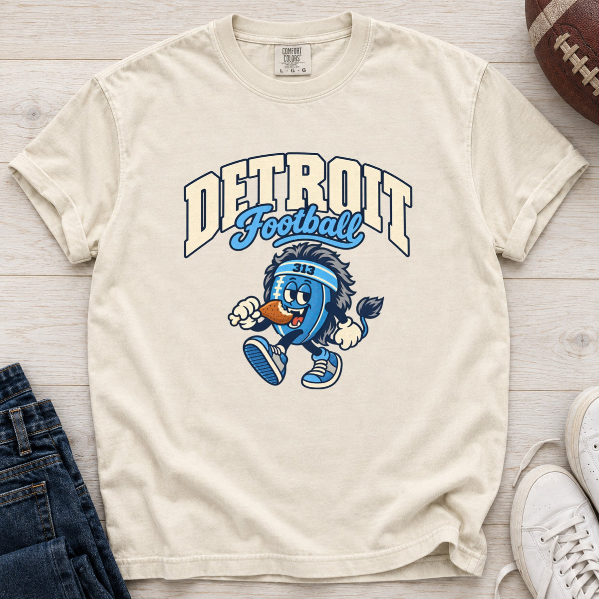 Detroit Football Retro Mascot T-Shirt in Comfort Colors Ivory