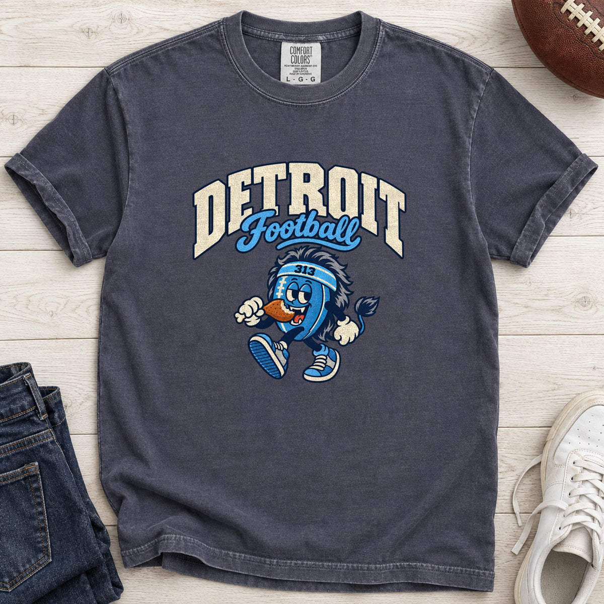 Detroit Football Retro Mascot T-Shirt in Comfort Colors Navy