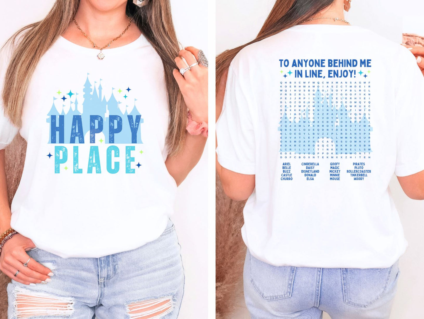 Interactive Disneyland T-Shirt - Fun Word Search Puzzle on Back - Disney Is My Happy Place, Unisex Gildan Softstyle T-Shirt