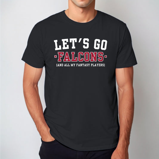 Man wearing the black Let's Go Falcons fantasy football t-shirt with collegiate block lettering