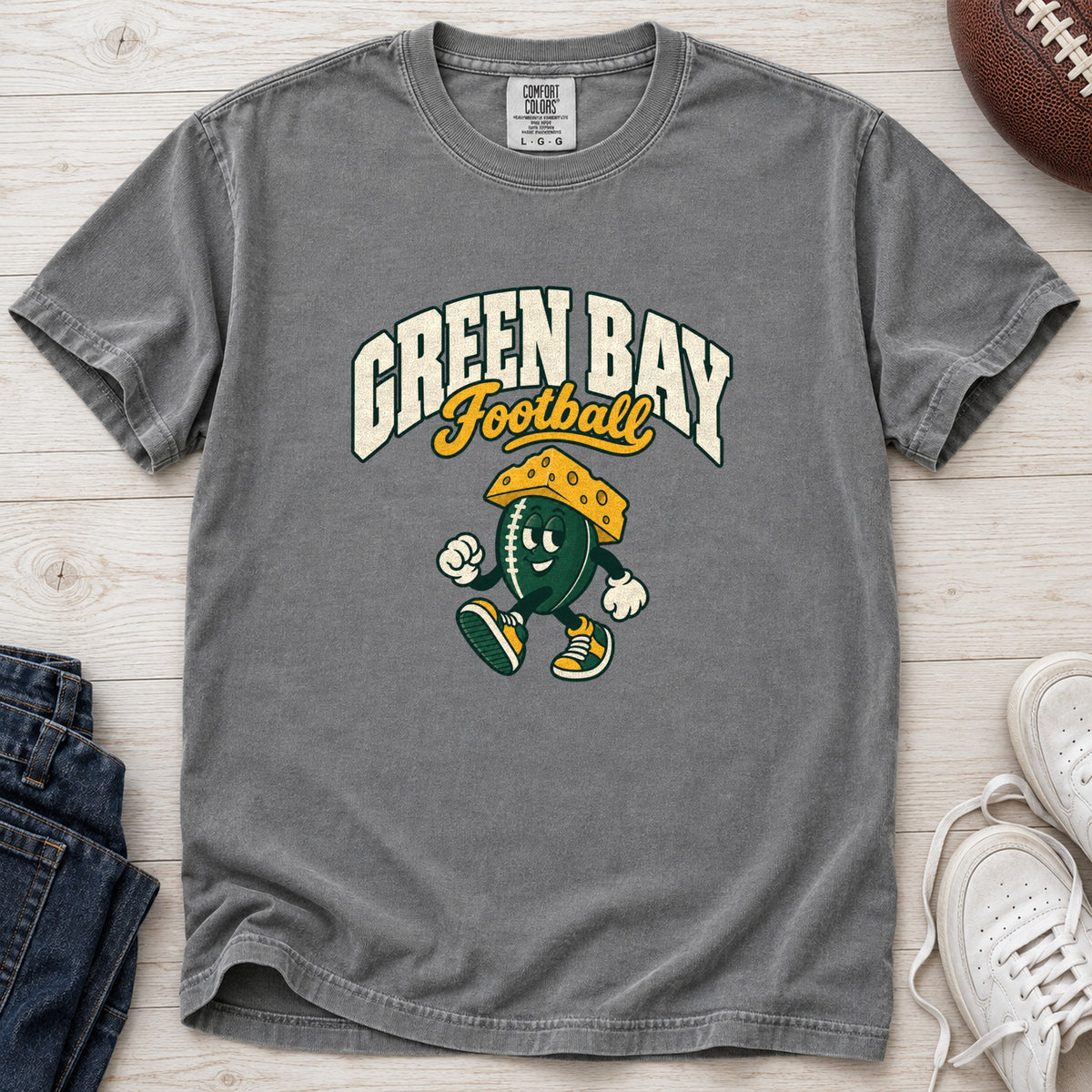 Green Bay Football Retro Mascot T-Shirt in Comfort Colors Grey