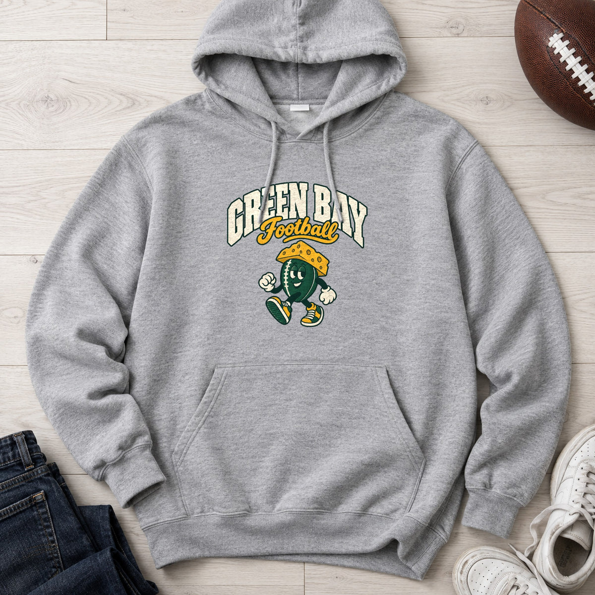 Green Bay Football Retro Mascot Hoodie in Sport Grey