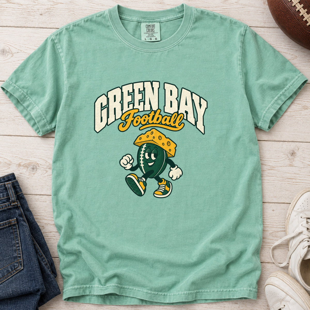 Green Bay Football Retro Mascot T-Shirt in Comfort Colors Island Reef