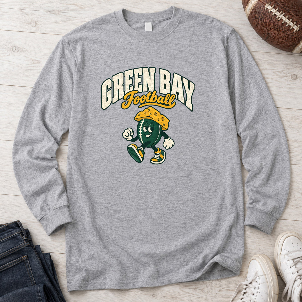 Green Bay Football Retro Mascot Long Sleeve in Sport Grey