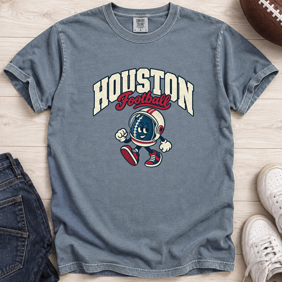 Houston Football Retro Mascot T-Shirt in Comfort Colors Blue Jean