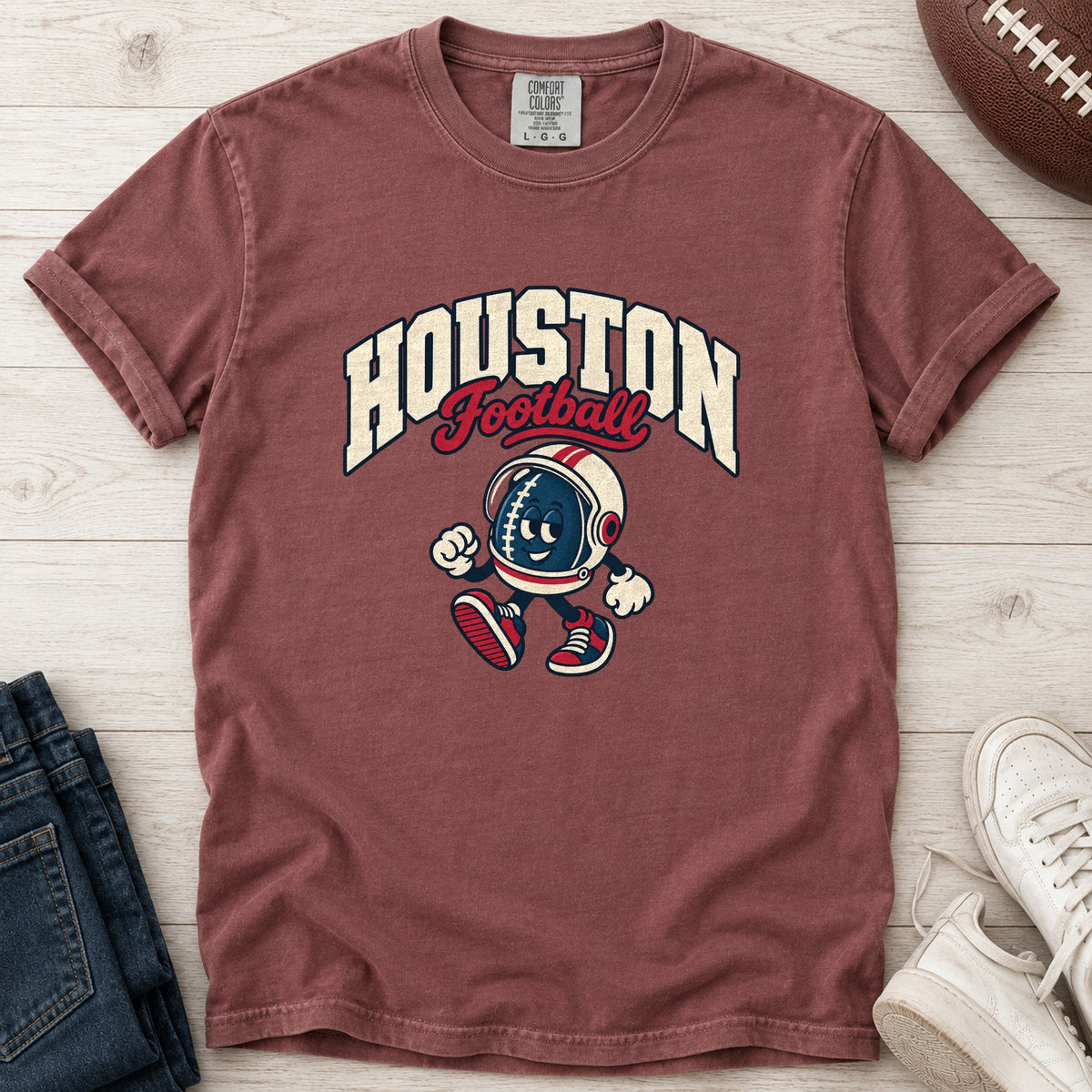 Houston Football Retro Mascot T-Shirt in Comfort Colors Brick