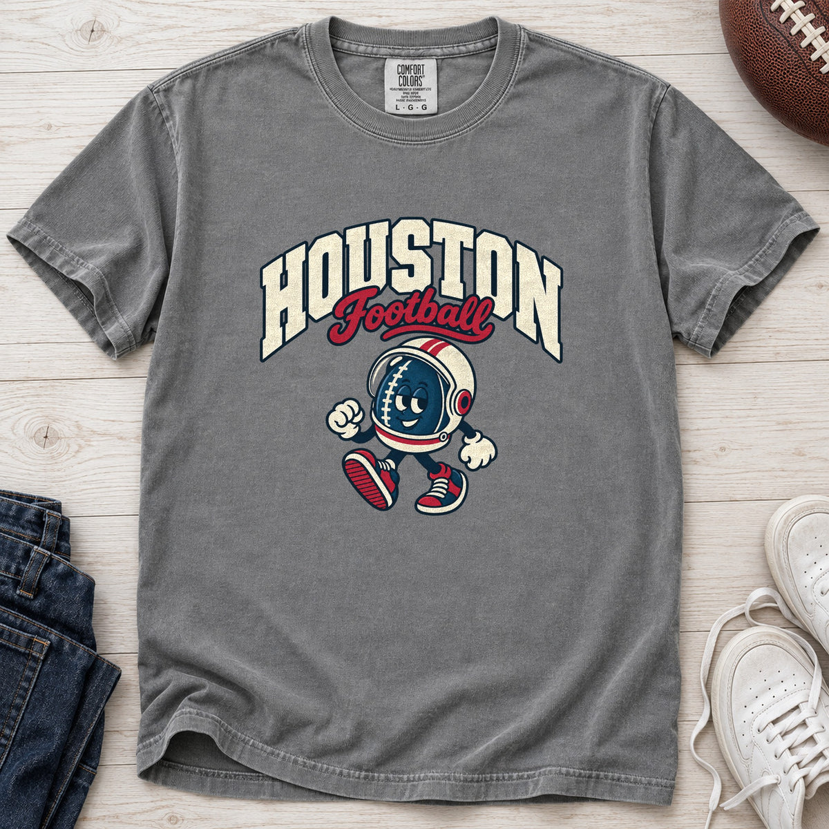 Houston Football Retro Mascot T-Shirt in Comfort Colors Grey