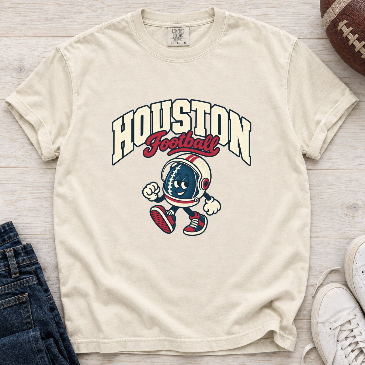 Houston Football Retro Mascot T-Shirt in Comfort Colors Ivory