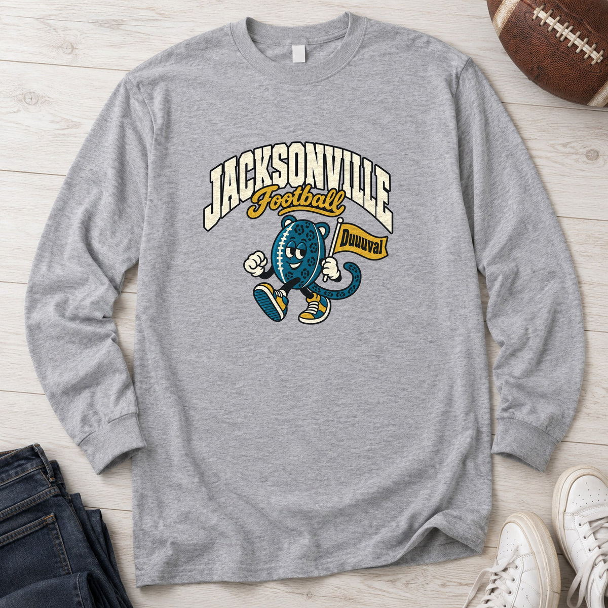 Jacksonville Football Retro Mascot Long Sleeve in Sport Grey