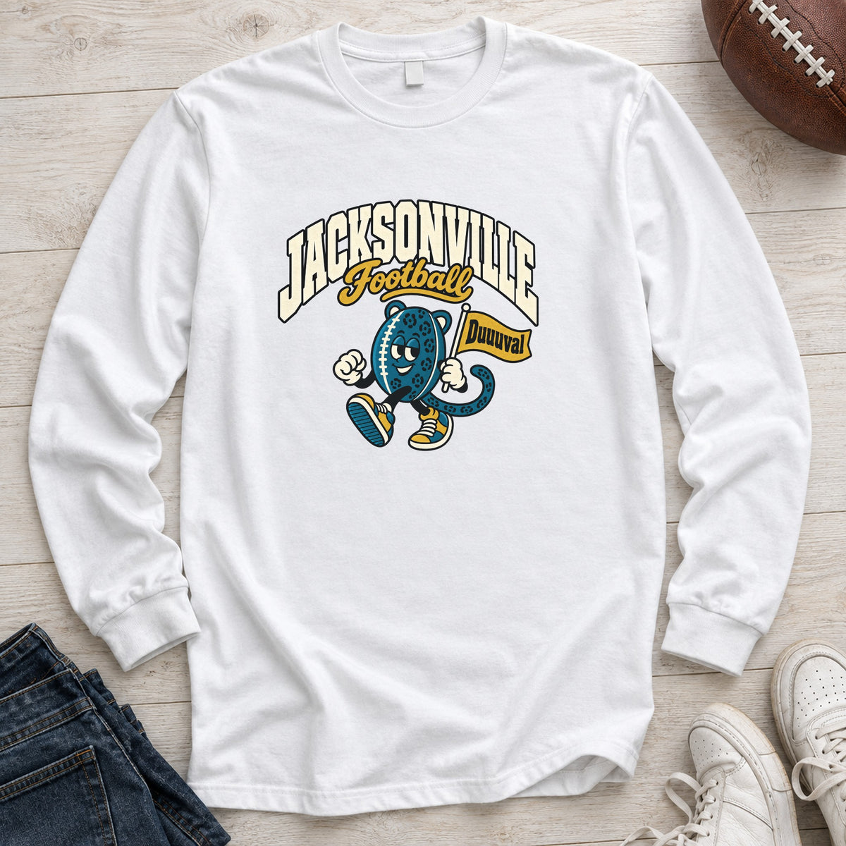 Jacksonville Football Retro Mascot Long Sleeve in White
