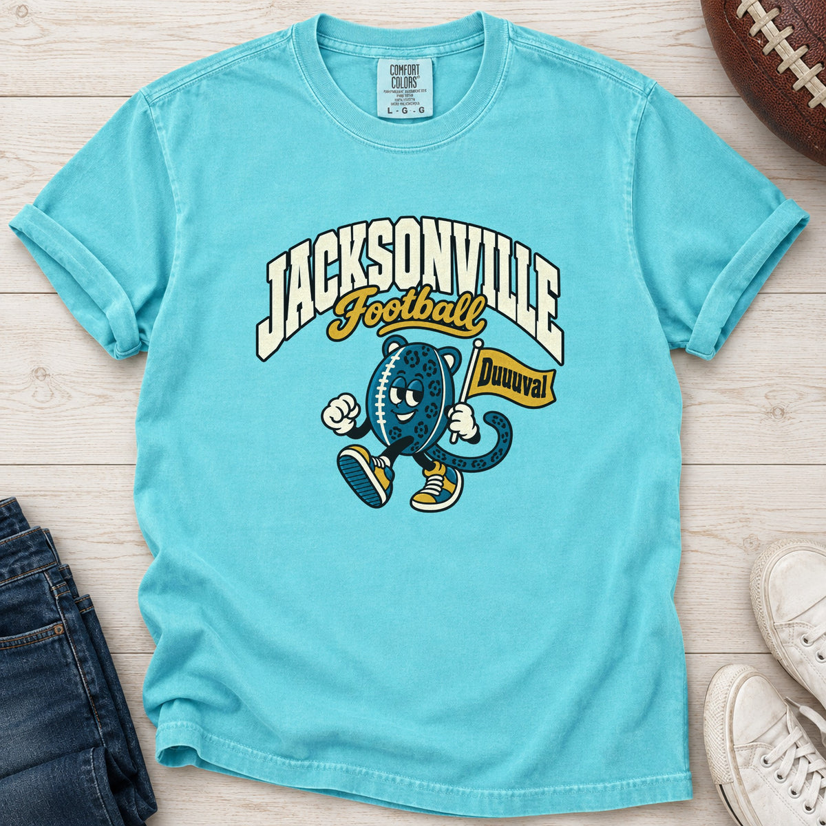 Jacksonville Football Retro Mascot T-Shirt in Comfort Colors Lagoon Blue