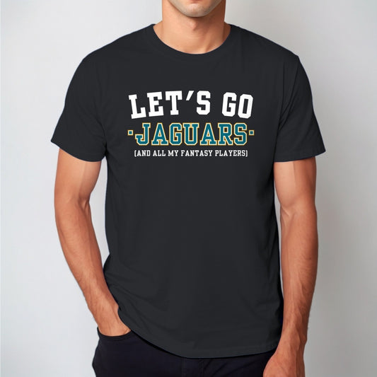 Man wearing the black Let's Go Jaguars fantasy football t-shirt with collegiate block lettering