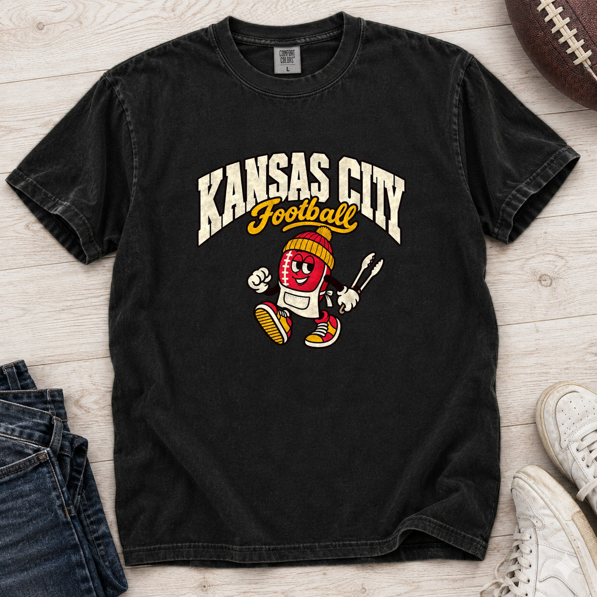 Kansas City Football Retro Mascot T-Shirt in Comfort Colors Black