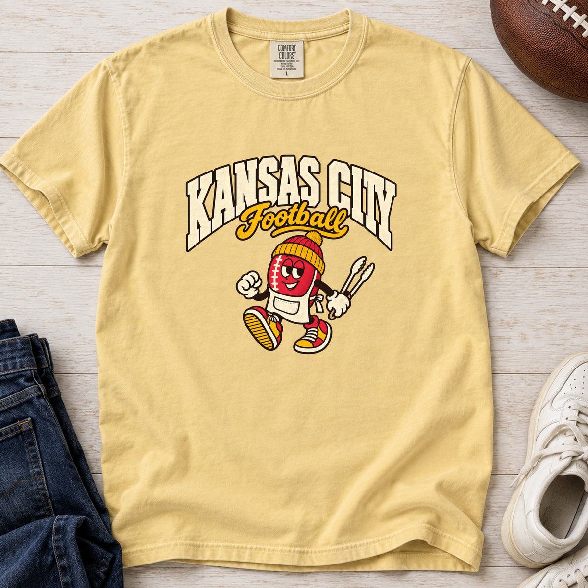 Kansas City Football Retro Mascot T-Shirt in Comfort Colors Butter