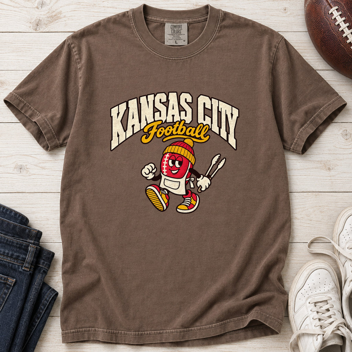 Kansas City Football Retro Mascot T-Shirt in Comfort Colors Espresso