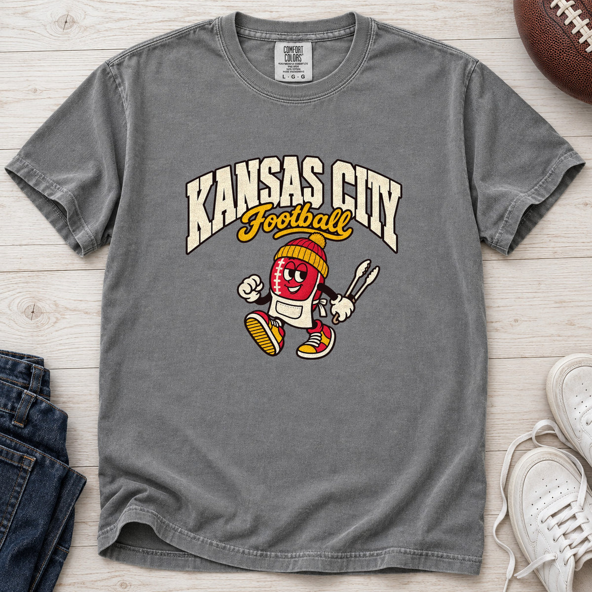 Kansas City Football Retro Mascot T-Shirt in Comfort Colors Grey