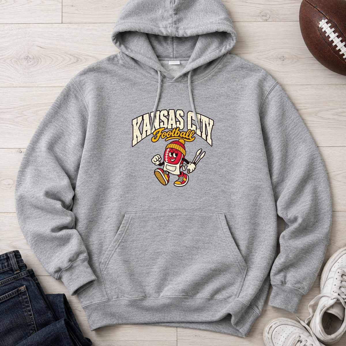 Kansas City Football Retro Mascot Hoodie in Sport Grey