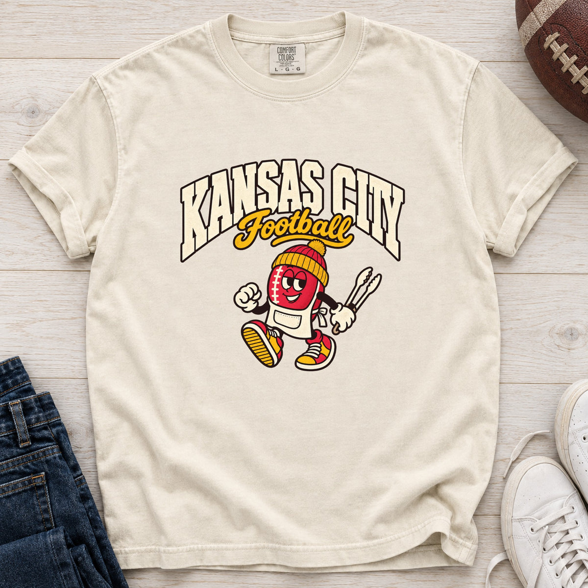 Kansas City Football Retro Mascot T-Shirt in Comfort Colors Ivory