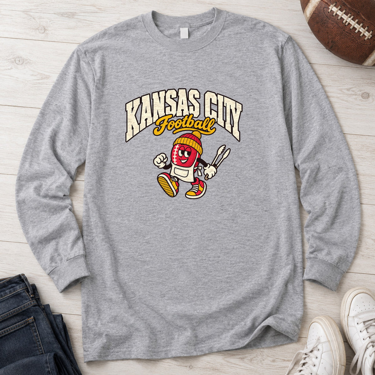 Kansas City Football Retro Mascot Long Sleeve in Sport Grey