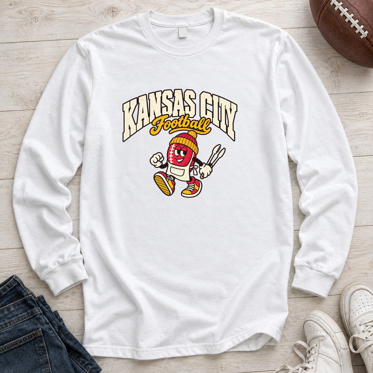Kansas City Football Retro Mascot Long Sleeve in White