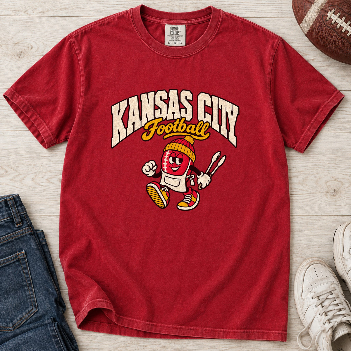 Kansas City Football Retro Mascot T-Shirt in Comfort Colors Red