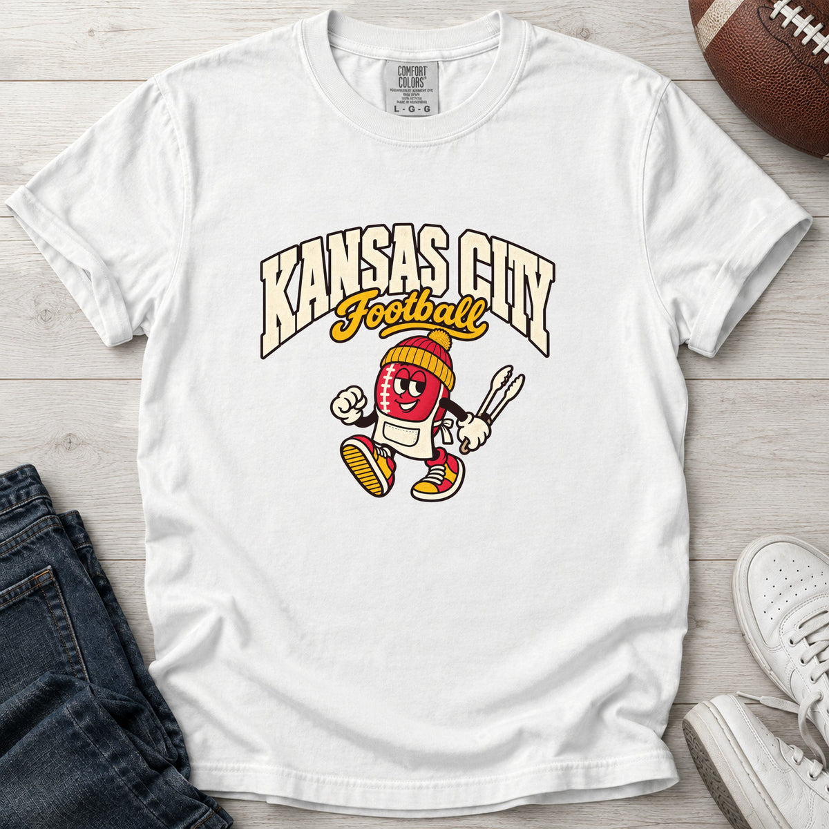 Kansas City Football Retro Mascot T-Shirt in Comfort Colors White