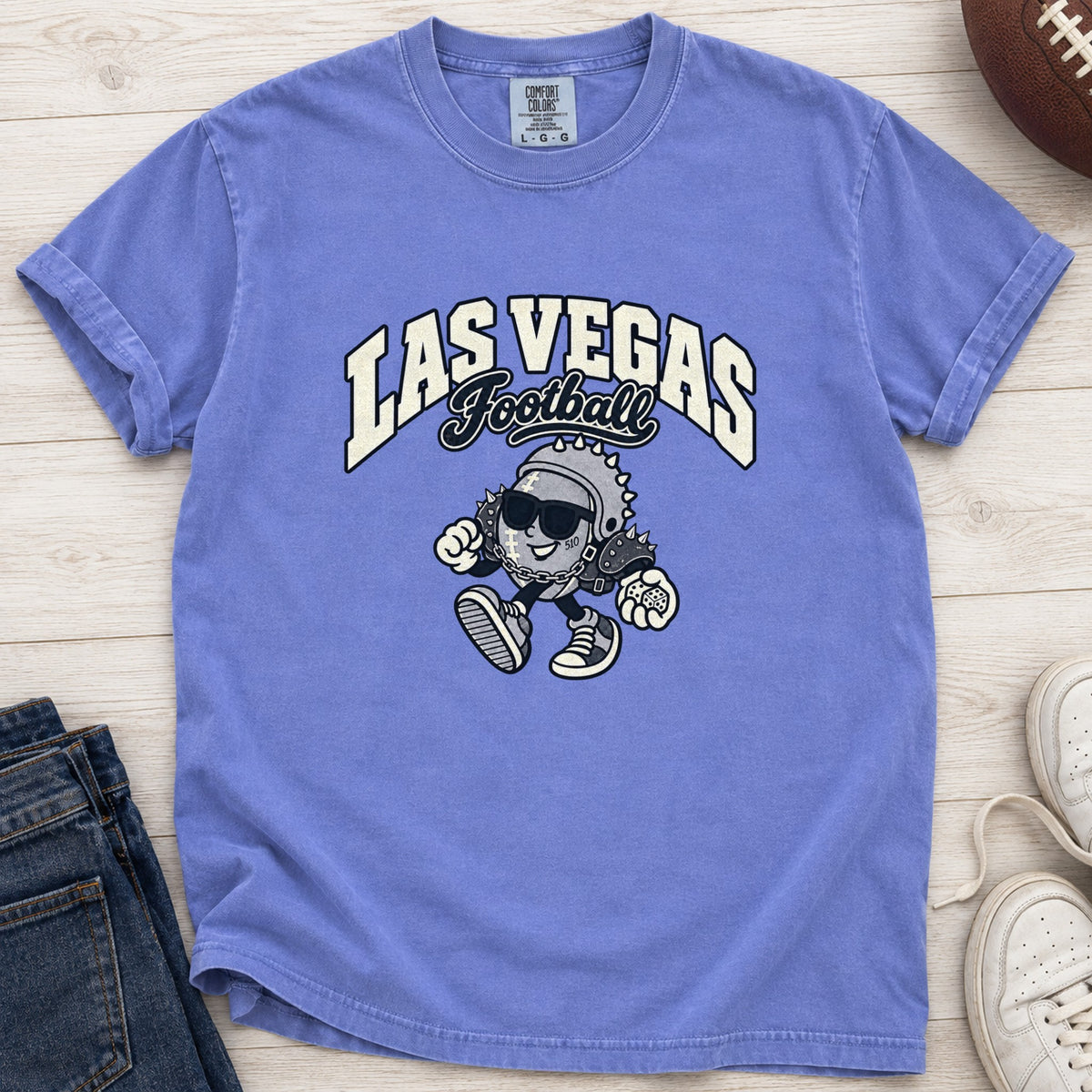 Las Vegas Football Retro Mascot T-Shirt in Comfort Colors Flo Blue