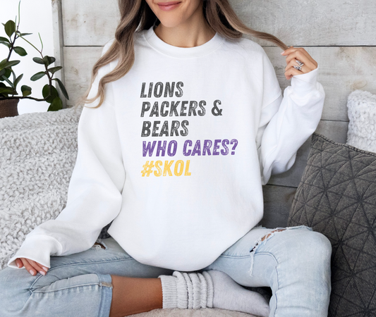 Funny Vikings Fan Sweatshirt - Lions Packers & Bears Who Cares? Minnesota Sweatshirt, Sunday Funday, SKOL, Vikings Gift, Unisex Gildan Crewneck Sweatshirt