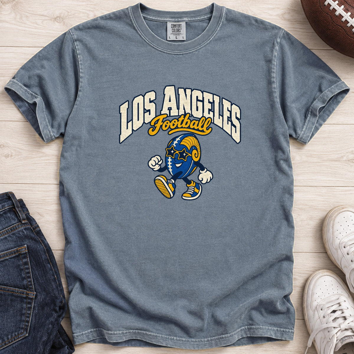 Los Angeles Football Star Shades Retro Mascot T-Shirt in Comfort Colors Blue Jean