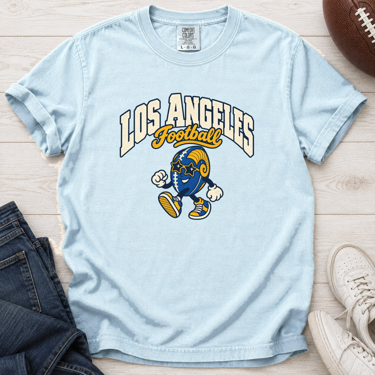 Los Angeles Football Star Shades Retro Mascot T-Shirt in Comfort Colors Chambray