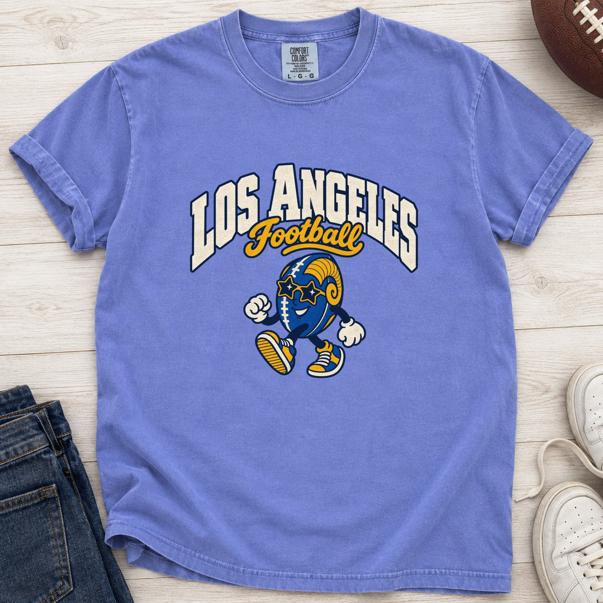 Los Angeles Football Star Shades Retro Mascot T-Shirt in Comfort Colors Flo Blue
