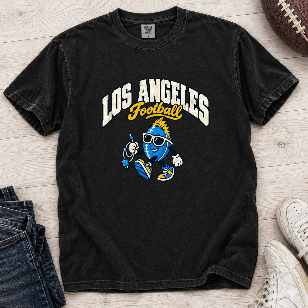 Los Angeles Football Charger Cord Retro Mascot T-Shirt in Comfort Colors Black