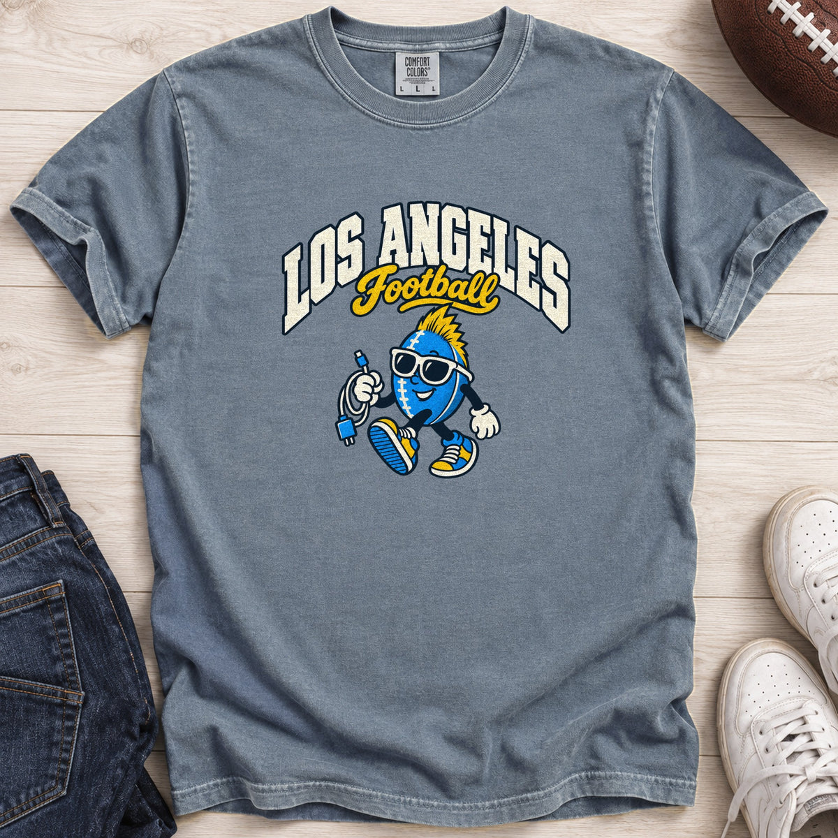 Los Angeles Football Charger Cord Retro Mascot T-Shirt in Comfort Colors Blue Jean